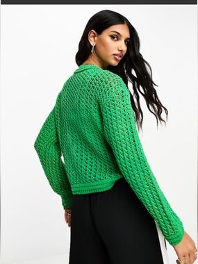 Mango Bright Green Open-Knit Crew Sweater